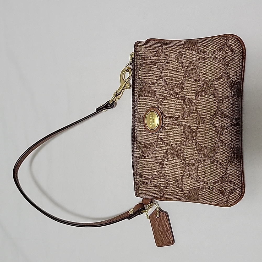 Coach Signature Wristlet Taupe with Tan Inside Fabric Card Slots